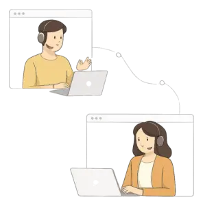 Illustration minimaliste d’un échange de conseil informatique en ligne entre deux personnes utilisant un ordinateur portable, dans un contexte professionnel et numérique.