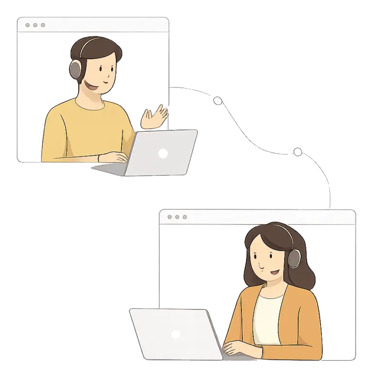 Illustration minimaliste d’un échange de conseil informatique en ligne entre deux personnes utilisant un ordinateur portable, dans un contexte professionnel et numérique.