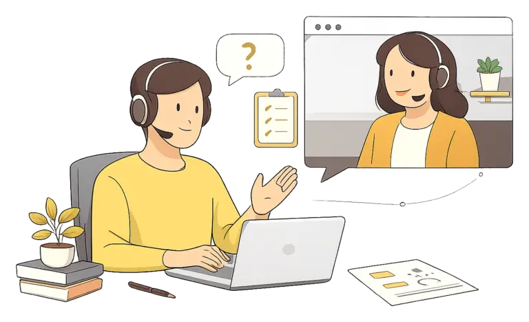 Illustration d’un échange de conseil informatique en ligne, en visio, entre un conseiller et un client