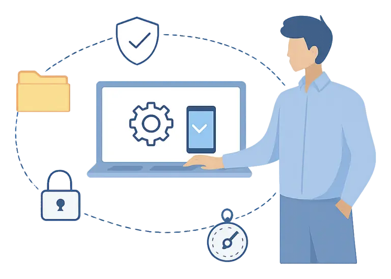 Illustration représentant un environnement numérique personnel sécurisé et organisé, symbolisant la maîtrise et l’autonomie dans l’usage du numérique. Kodexum
