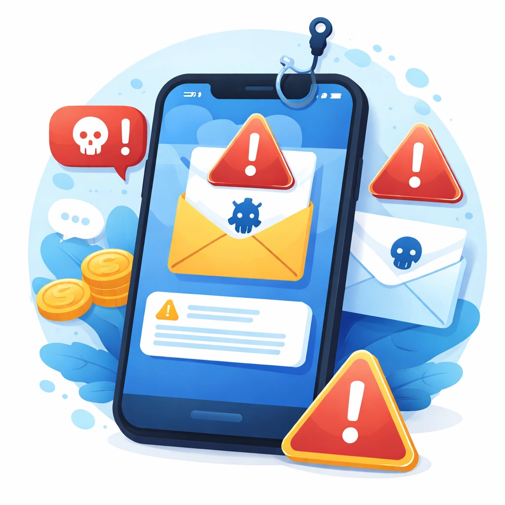 SMS frauduleux affiché sur un smartphone avec un message suspect