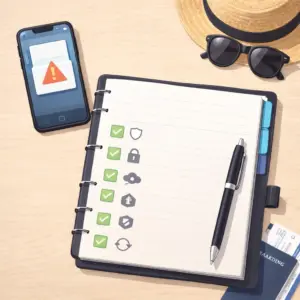 Illustration minimaliste représentant une check-list sécurité avant un départ avec un smartphone et un bouclier symbolique.