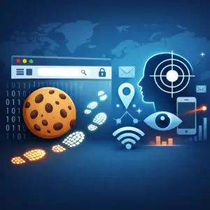 Illustration expliquant les cookies et pistage lors de la navigation web