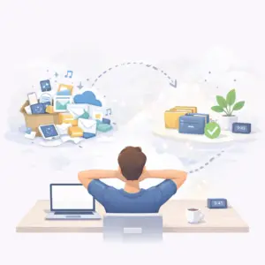 Illustration représentant le minimalisme numérique et un environnement informatique allégé