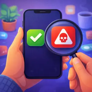 Illustration montrant comment reconnaître une application non fiable avant installation grâce à des signaux d’alerte visibles