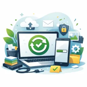 Illustration minimaliste représentant une remise à zéro numérique sur des appareils du quotidien