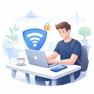 Illustration minimaliste représentant se connecter en sécurité sur un Wi-Fi public avec un smartphone stylisé et un signal réseau abstrait.