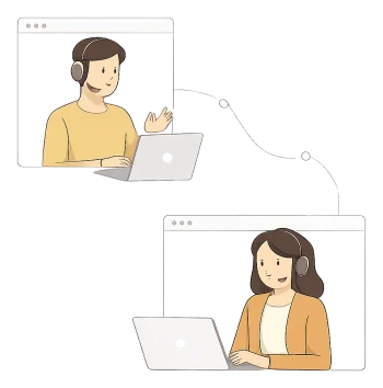 Illustration minimaliste d’un échange de conseil informatique en ligne entre deux personnes utilisant un ordinateur portable, dans un contexte professionnel et numérique.
