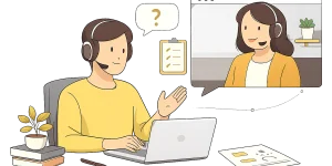 Illustration d’un échange de conseil informatique en ligne, en visio, entre un conseiller et un client